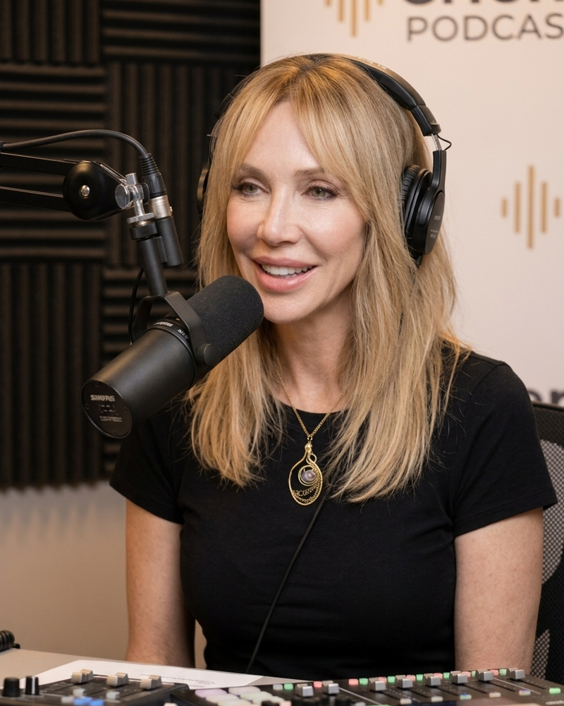 Jenn Wylde hosting the Sober Exposure podcast at a studio mic