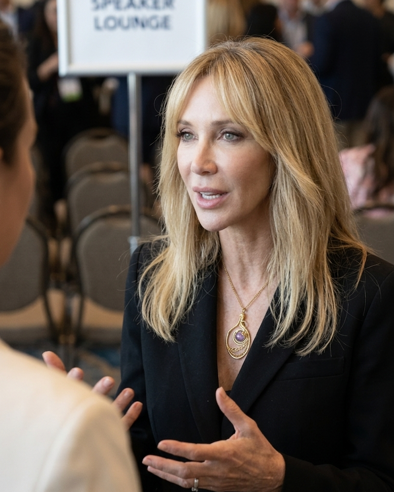 Jenn Wylde presenting and speaking with a guest at an event